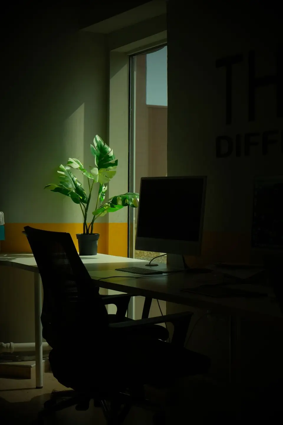 A minimalist office space featuring a desk, computer monitor, and green potted plant by a window.